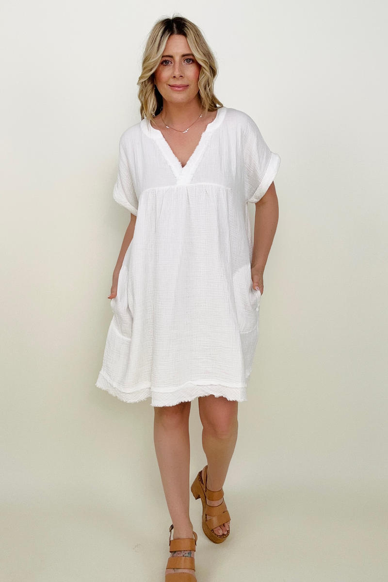 Gauze Short Sleeve Raw Edge V-Neck Dress