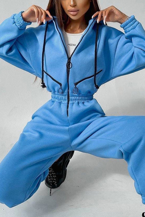 Zip Up Drop Shoulder Hooded Jumpsuit