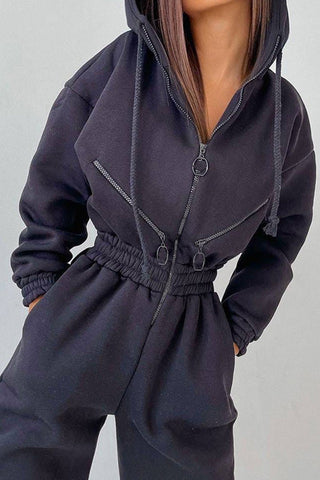 Zip Up Drop Shoulder Hooded Jumpsuit