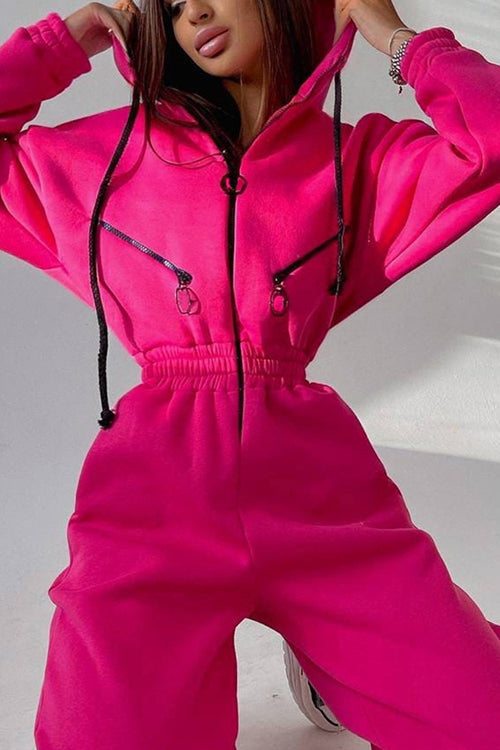 Zip Up Drop Shoulder Hooded Jumpsuit