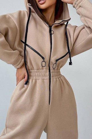 Zip Up Drop Shoulder Hooded Jumpsuit