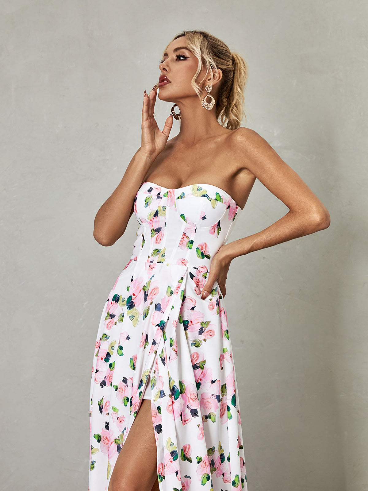 Strapless Floral Split Maxi Dress