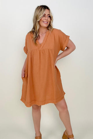 Gauze Short Sleeve Raw Edge V-Neck Dress