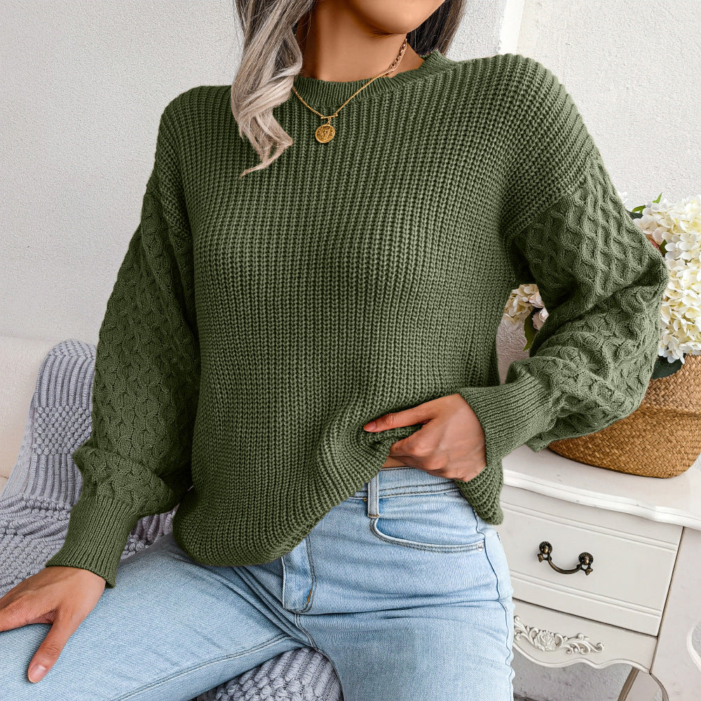 Mixed Knit Round Neck Dropped Shoulder Sweater