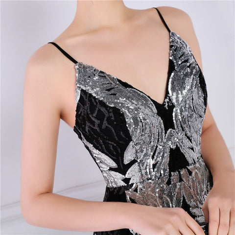 Wings Pattern Sequin Mesh Strappy Gown