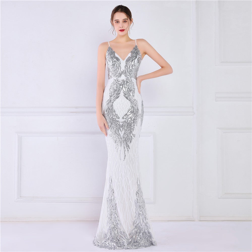 Wings Pattern Sequin Mesh Strappy Gown