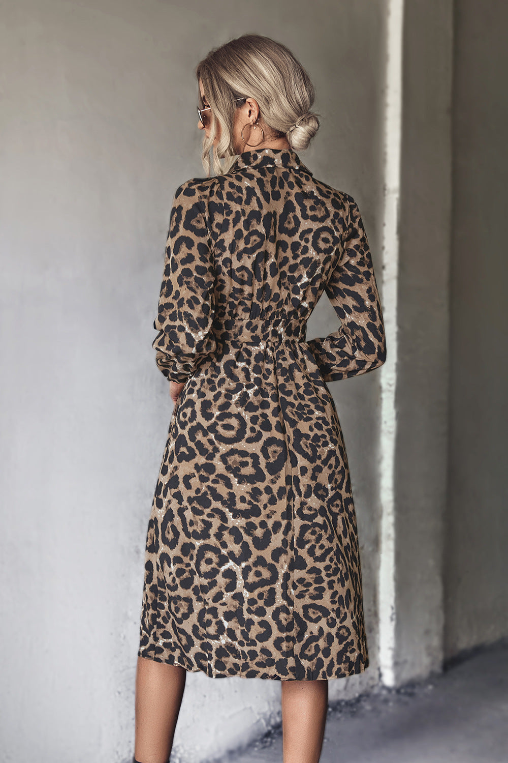 Leopard Print Belted Slit Shirt Dress