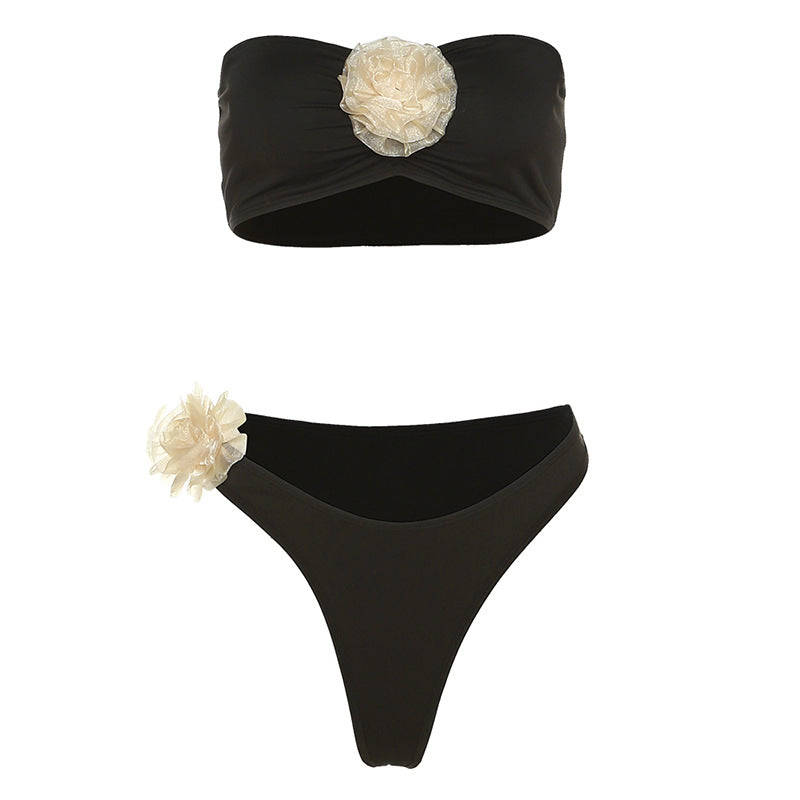 Strapless Rose Bikini Two Piece Set in Black