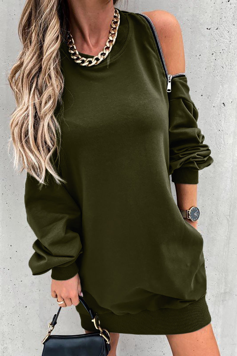 Zipper Slit O Neck Hoodie Dress