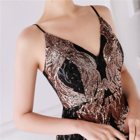 Wings Pattern Sequin Mesh Strappy Gown