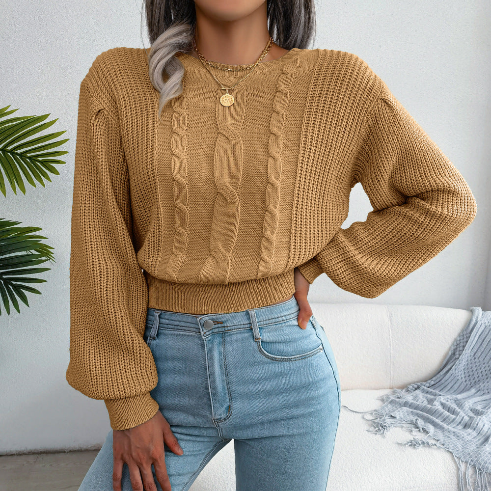 Mixed Knit Lantern Sleeve Round Neck Sweater