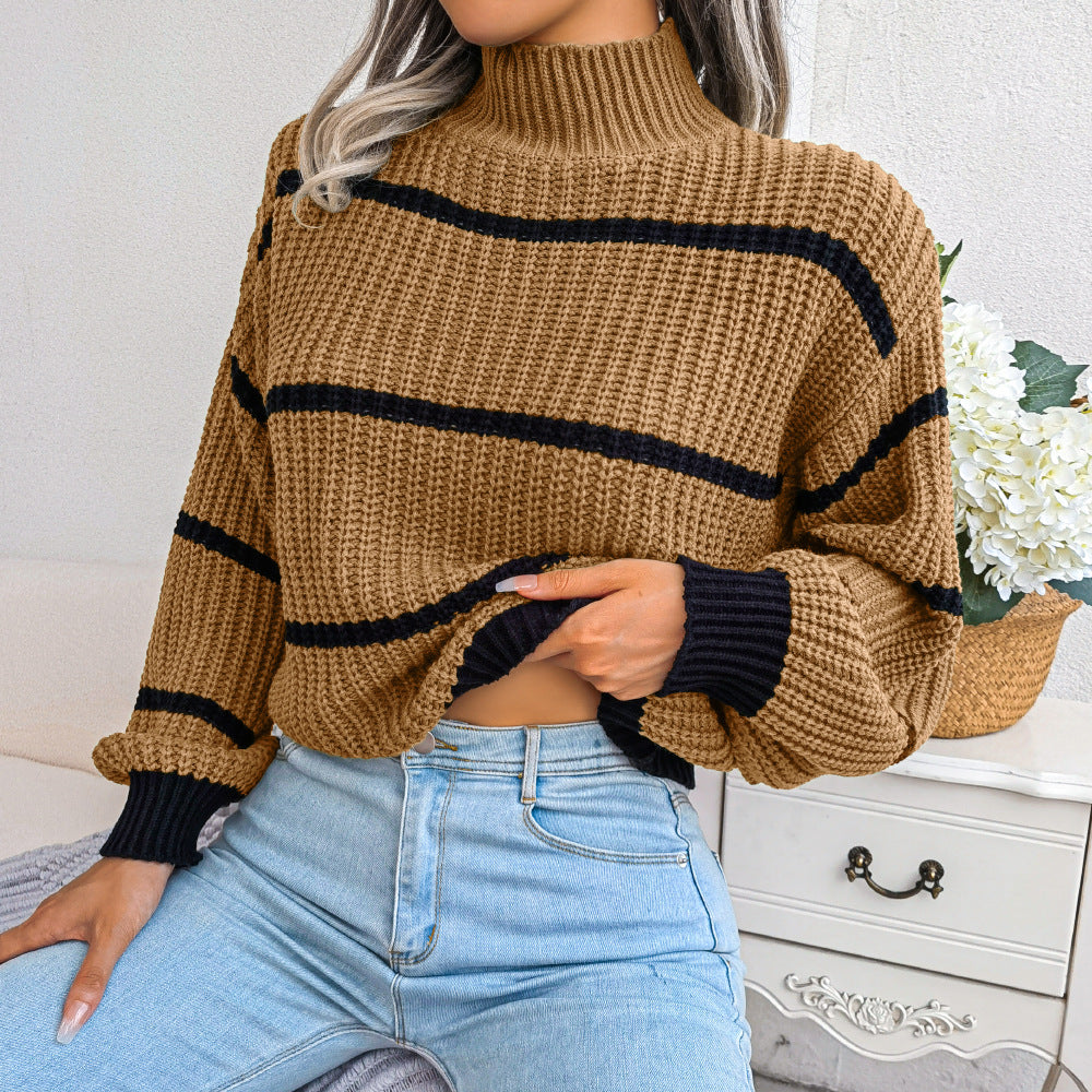 Striped High Neck Rib-Knit Lantern Sleeve Sweater