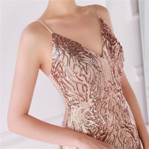 Wings Pattern Sequin Mesh Strappy Gown