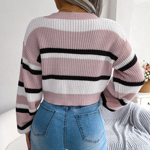 Tricolor Striped Round Neck Cropped Sweater