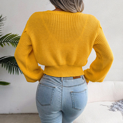 Mixed Knit Lantern Sleeve Round Neck Sweater