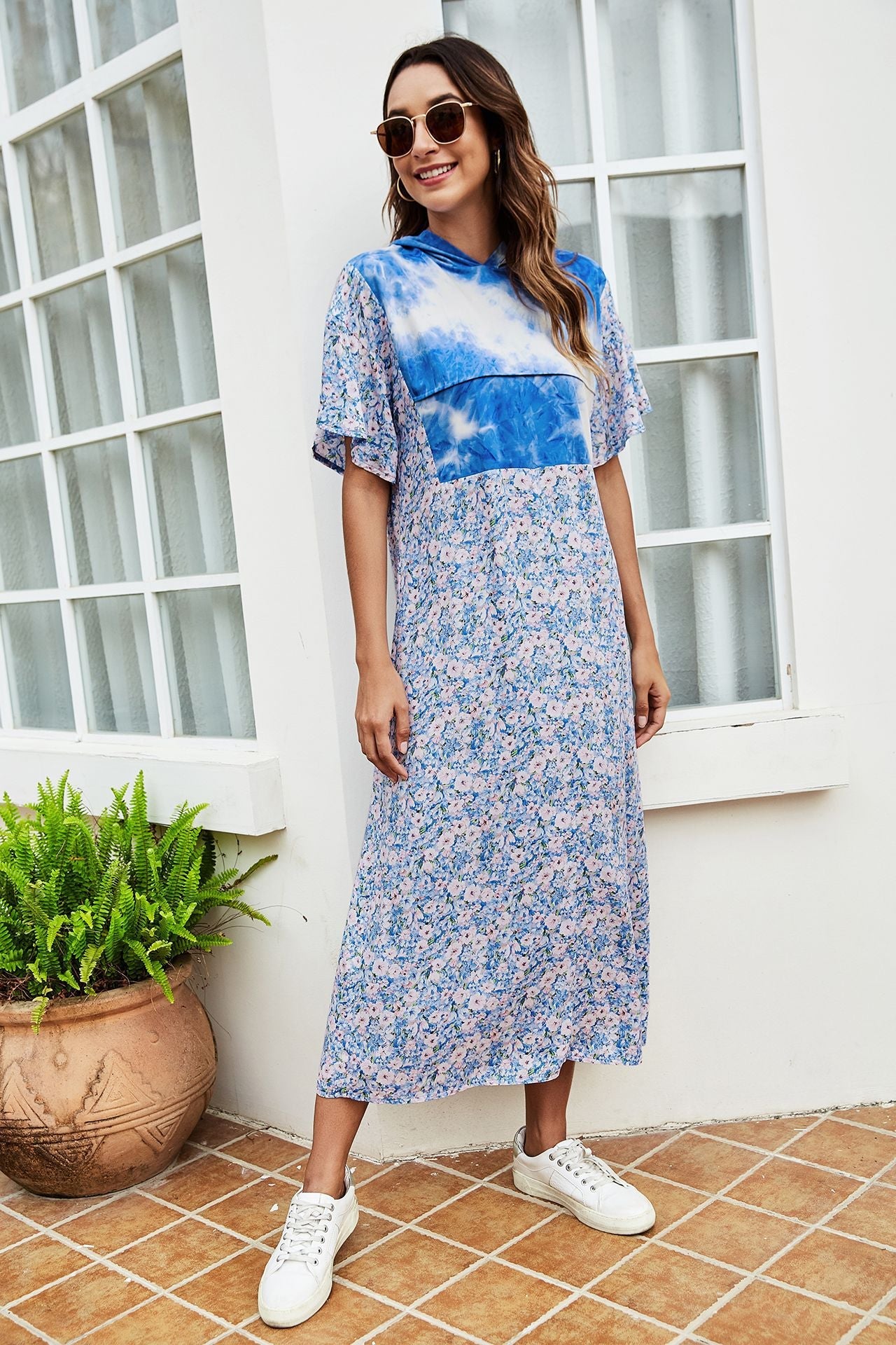 Tie-Dye Floral Flutter Sleeve Hooded Dress