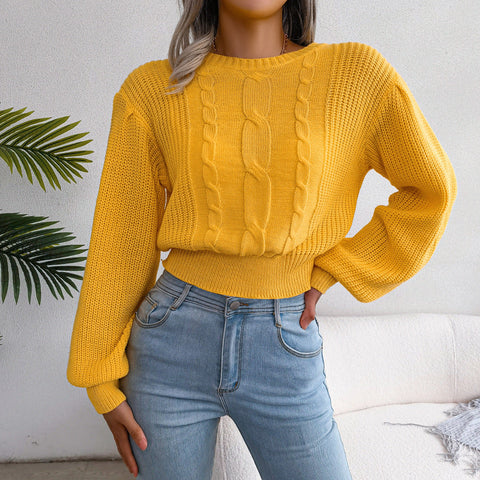 Mixed Knit Lantern Sleeve Round Neck Sweater