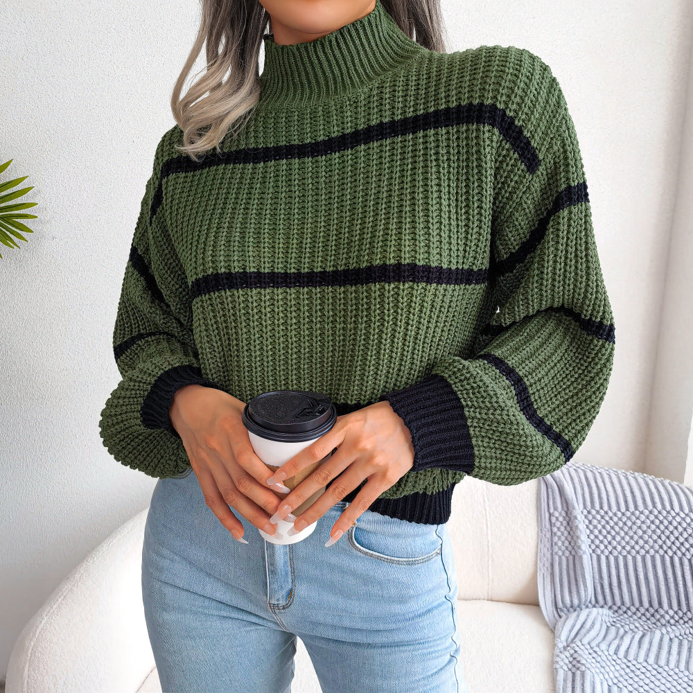 Striped High Neck Rib-Knit Lantern Sleeve Sweater