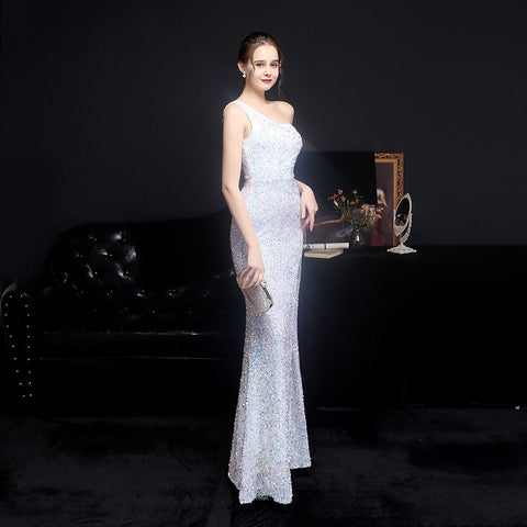 Heary dazzling sequined one-shoulder asymmetric dress