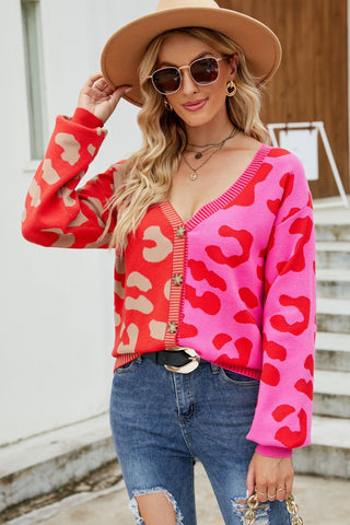 Leopard Print Button Down Dropped Shoulder Cardigan