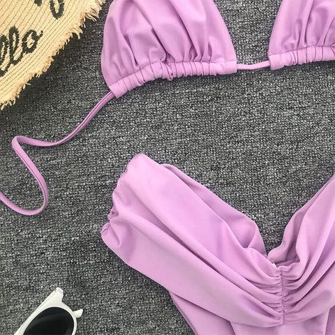Solid Ruched Bikini Suit in Purple