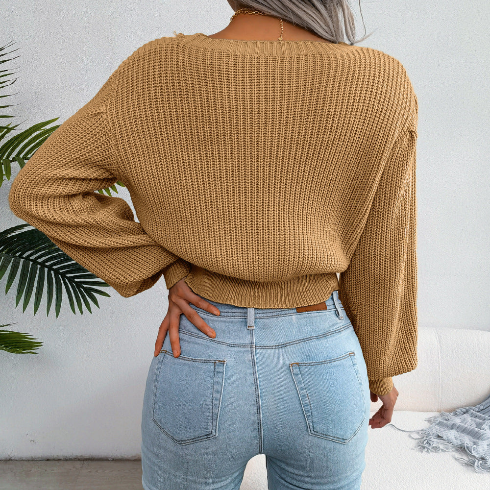 Mixed Knit Lantern Sleeve Round Neck Sweater