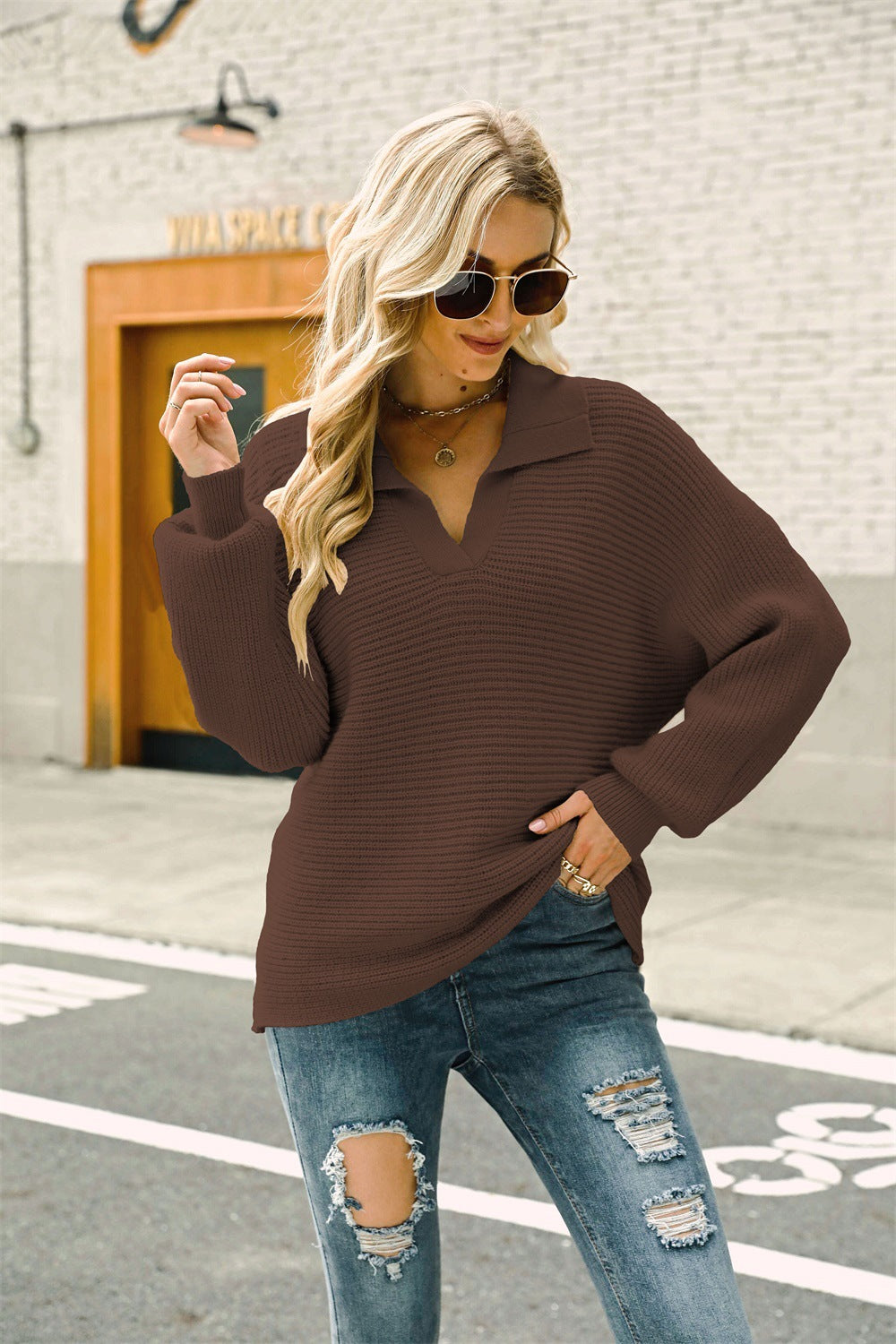 Pullover mit horizontal geripptem Johnny-Kragen