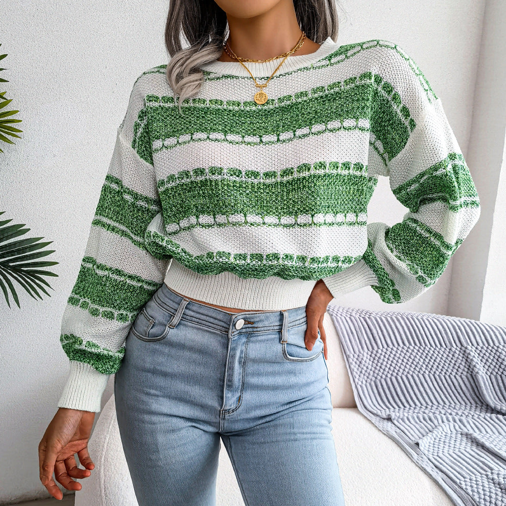 Two-Tone Round Neck Ribbed Trim Cropped Sweater