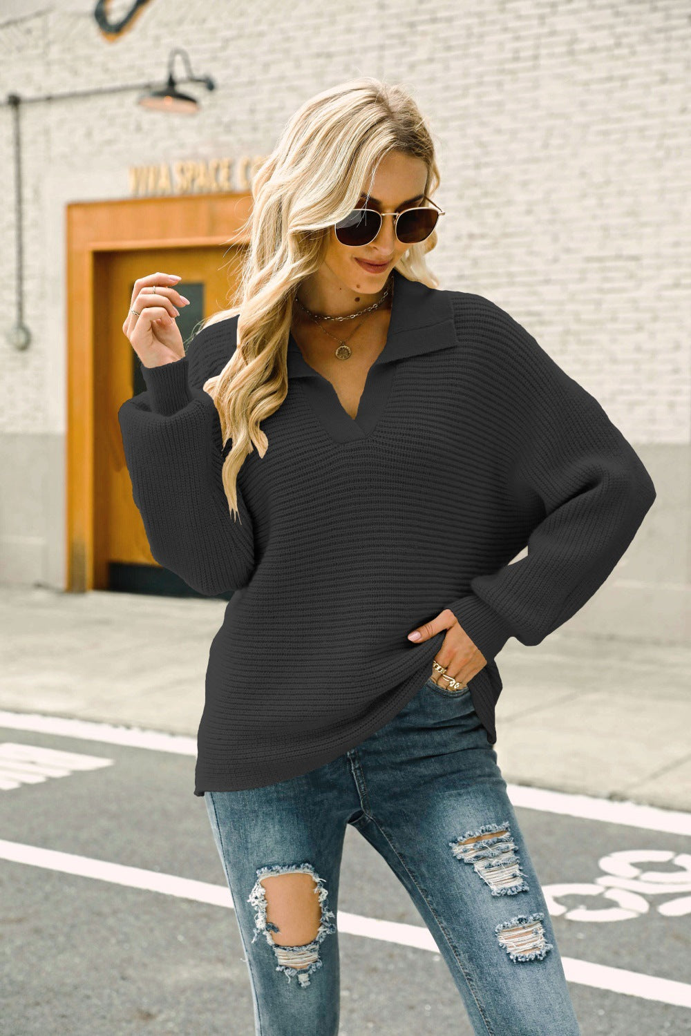 Pullover mit horizontal geripptem Johnny-Kragen