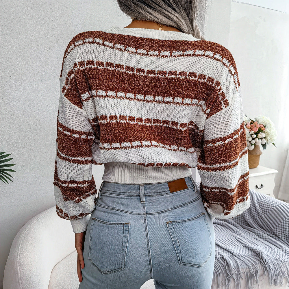 Two-Tone Round Neck Ribbed Trim Cropped Sweater