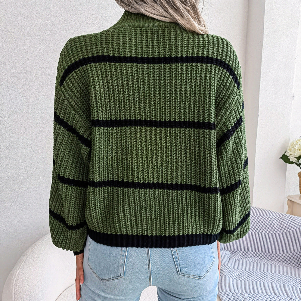 Striped High Neck Rib-Knit Lantern Sleeve Sweater