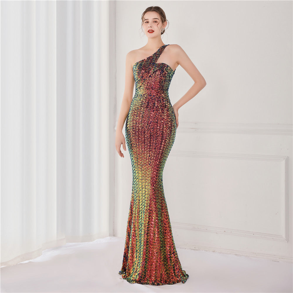 Victoria Formal One-Shoulder Sequined Fishtail Dress