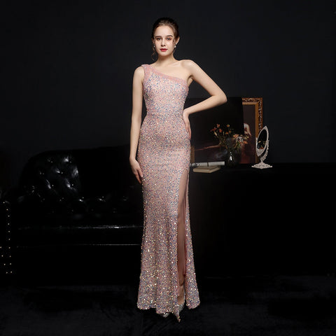 Heary dazzling sequined one-shoulder asymmetric dress