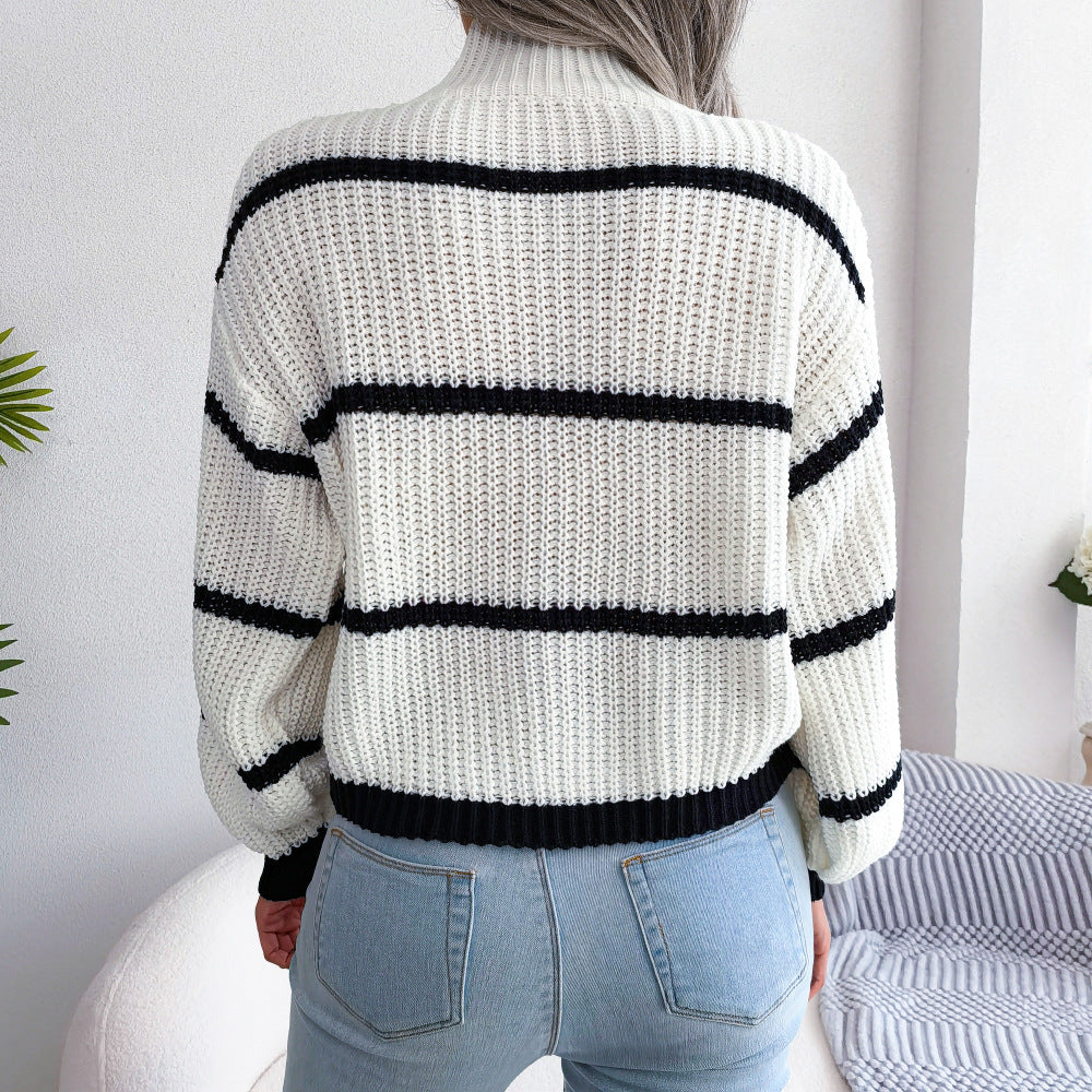 Striped High Neck Rib-Knit Lantern Sleeve Sweater