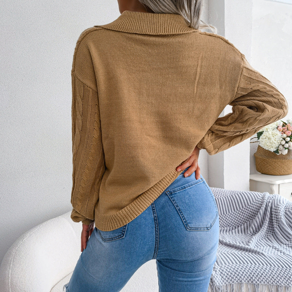 Cable-Knit Johnny Collar Dropped Shoulder Sweater