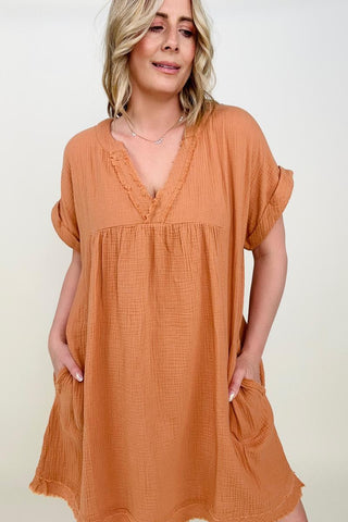 Gauze Short Sleeve Raw Edge V-Neck Dress