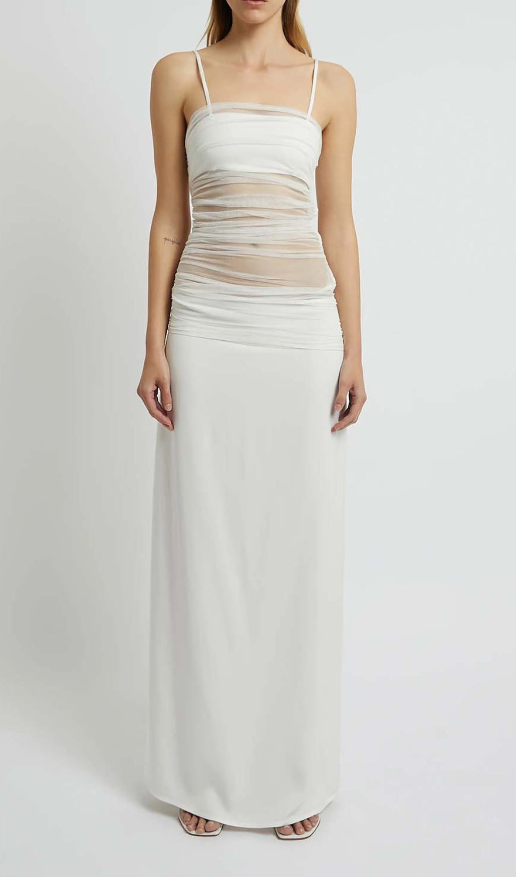 Strappy Mesh Maxi Dress in White