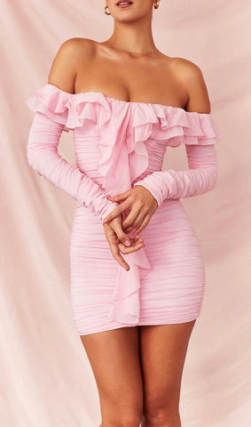 Robe mini froncée sans bretelles en rose