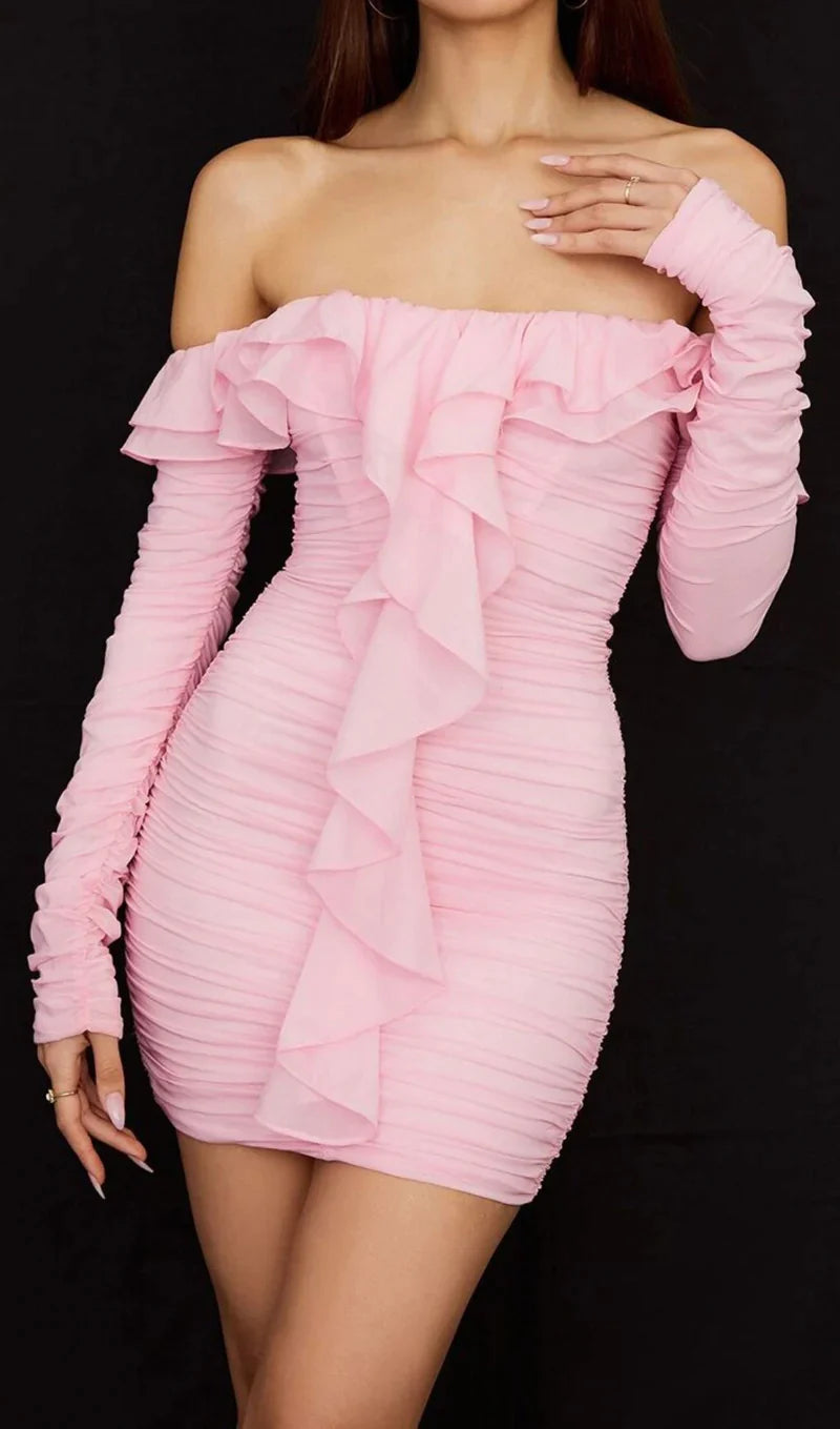 Trägerloses, gerüschtes Minikleid in Pink