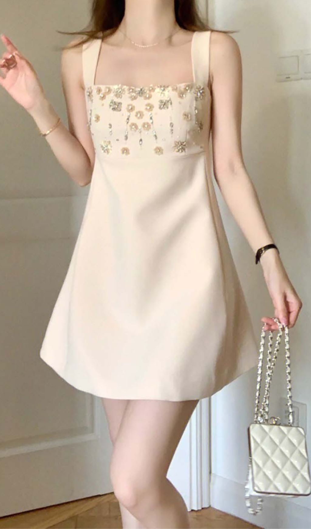 Strappy Crystal Embellished Mini Dress in Beige