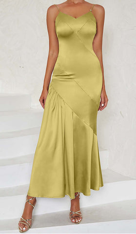 Strappy Satin Midi Dress in PALE Ochre