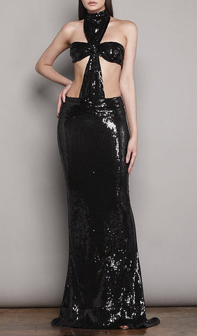 Shiny Sequins Halter Maxi Dress