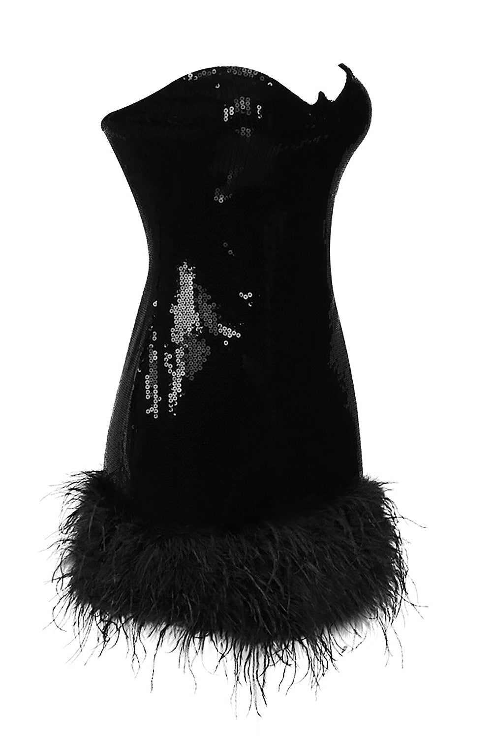 Strapless Feather-Trim Mini Dress in Black