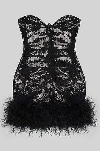 Strapless Feather-Trim Mini Dress in Black