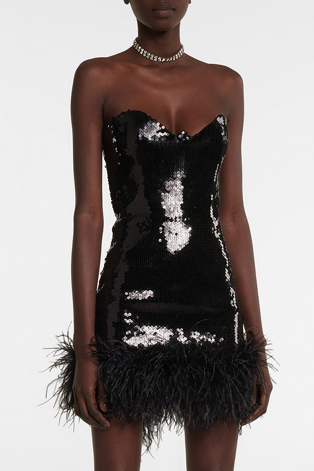 Strapless Feather-Trim Mini Dress in Black