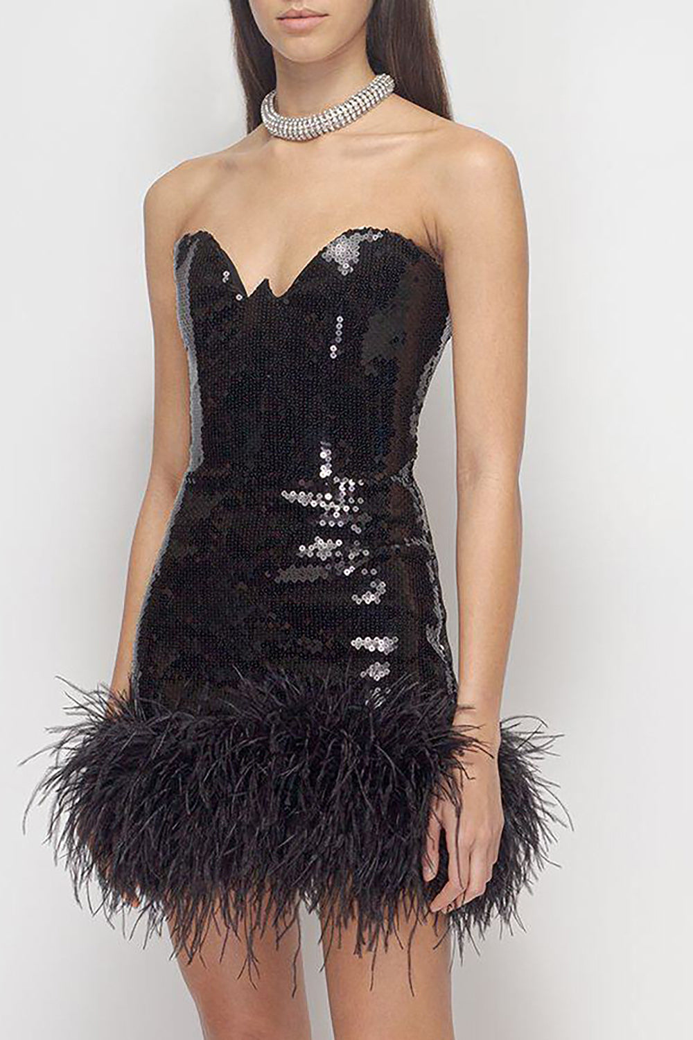 Strapless Feather-Trim Mini Dress in Black