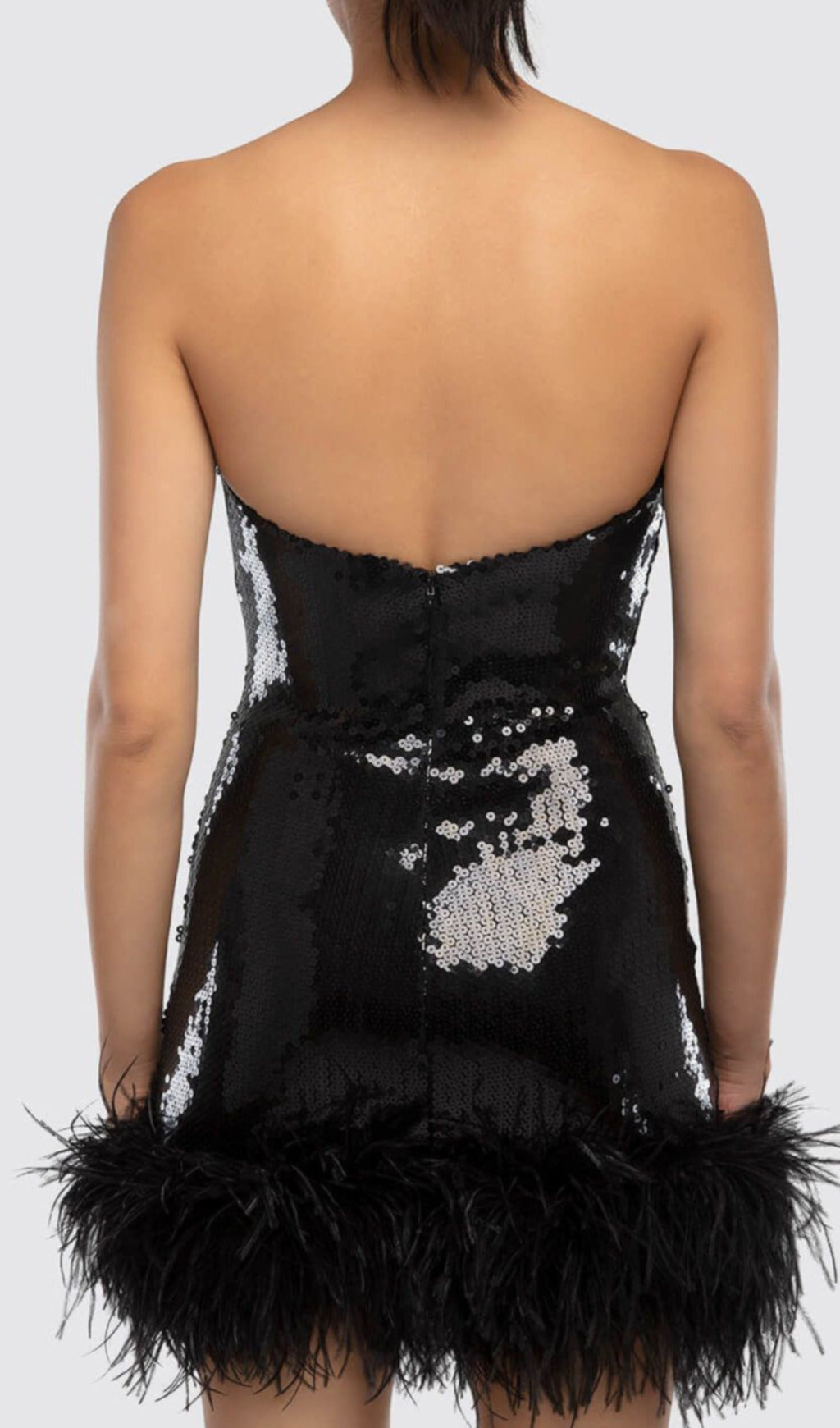 Strapless Feather-Trim Mini Dress in Black