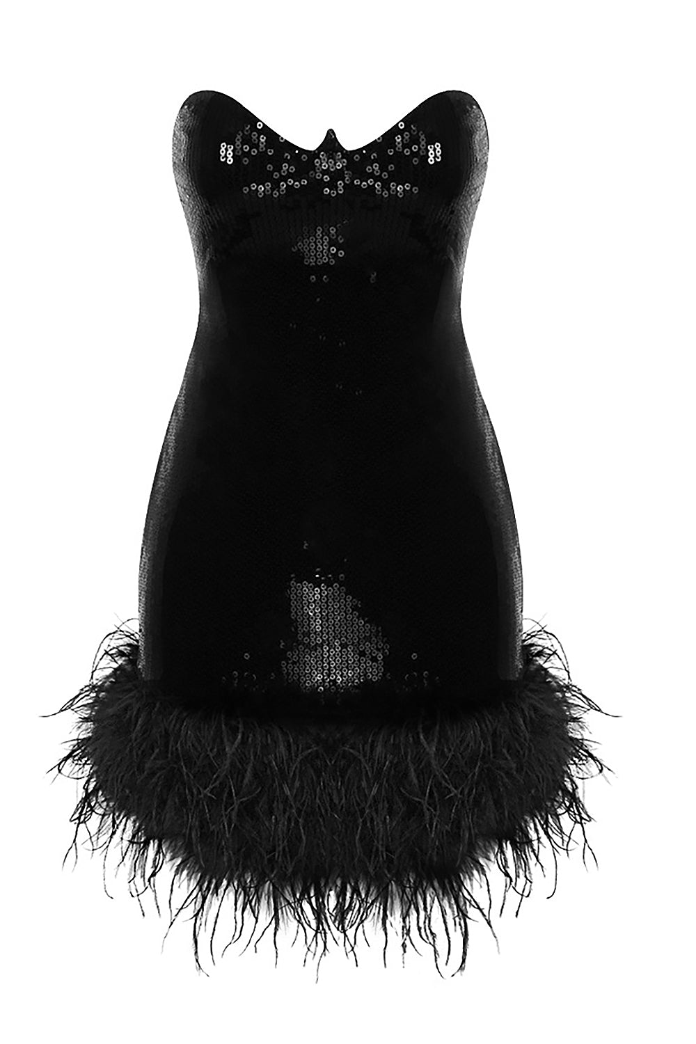 Strapless Feather-Trim Mini Dress in Black