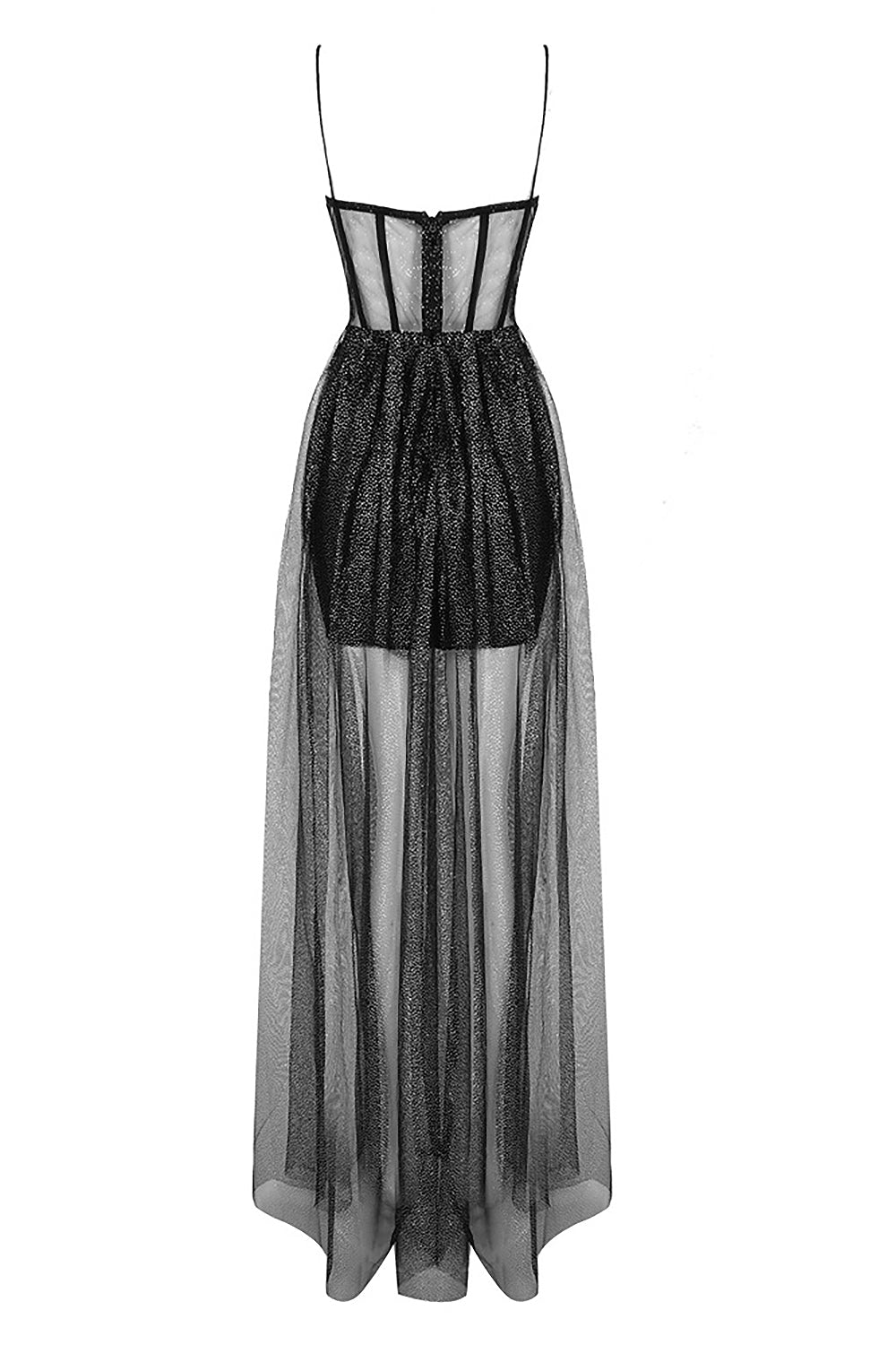 Robe longue corset drapée à bretelles en tulle strass en noir