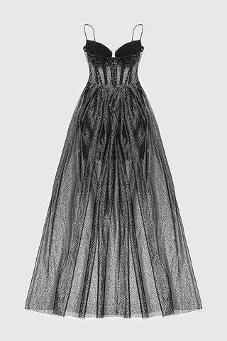 Strappy Draped RhineStone Tulle Corset Maxi Dress in Black